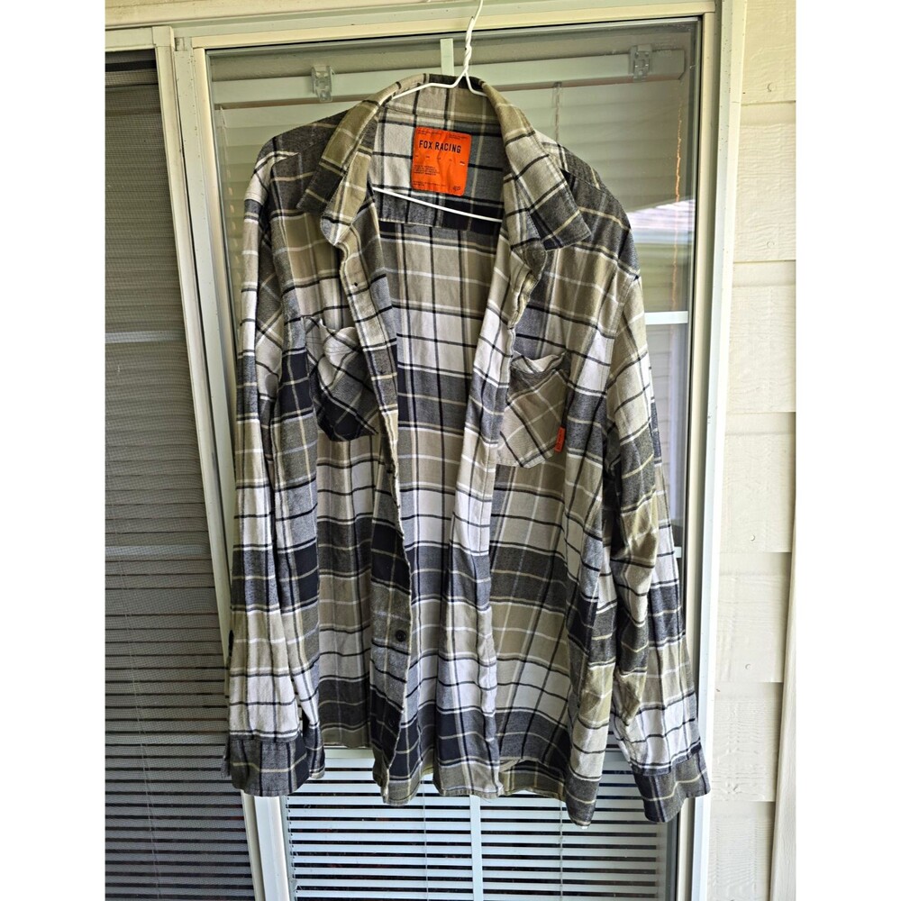 Fox Racing Men's 2XL Gray/White/Green Plaid Flannel Button-Up Shirt Pockets